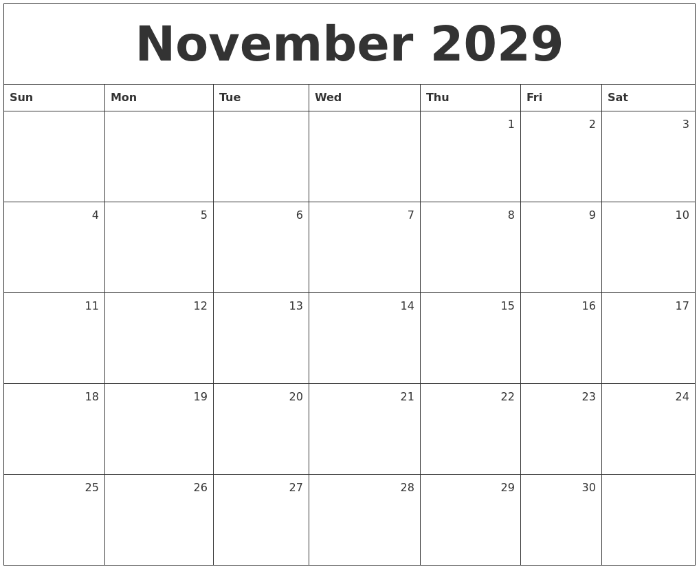 November 2029 Monthly Calendar