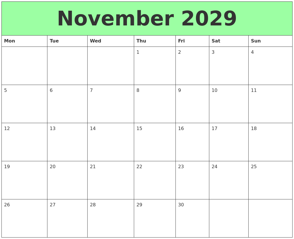 November 2029 Printable Calendars