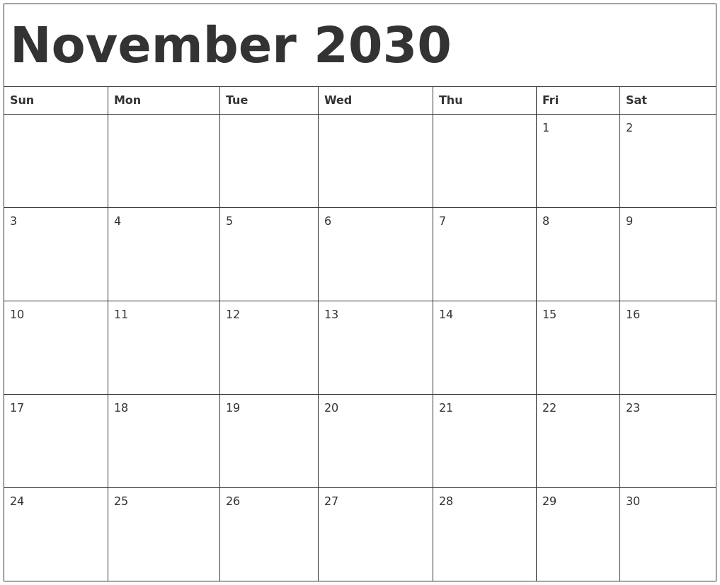 November 2030 Calendar Template