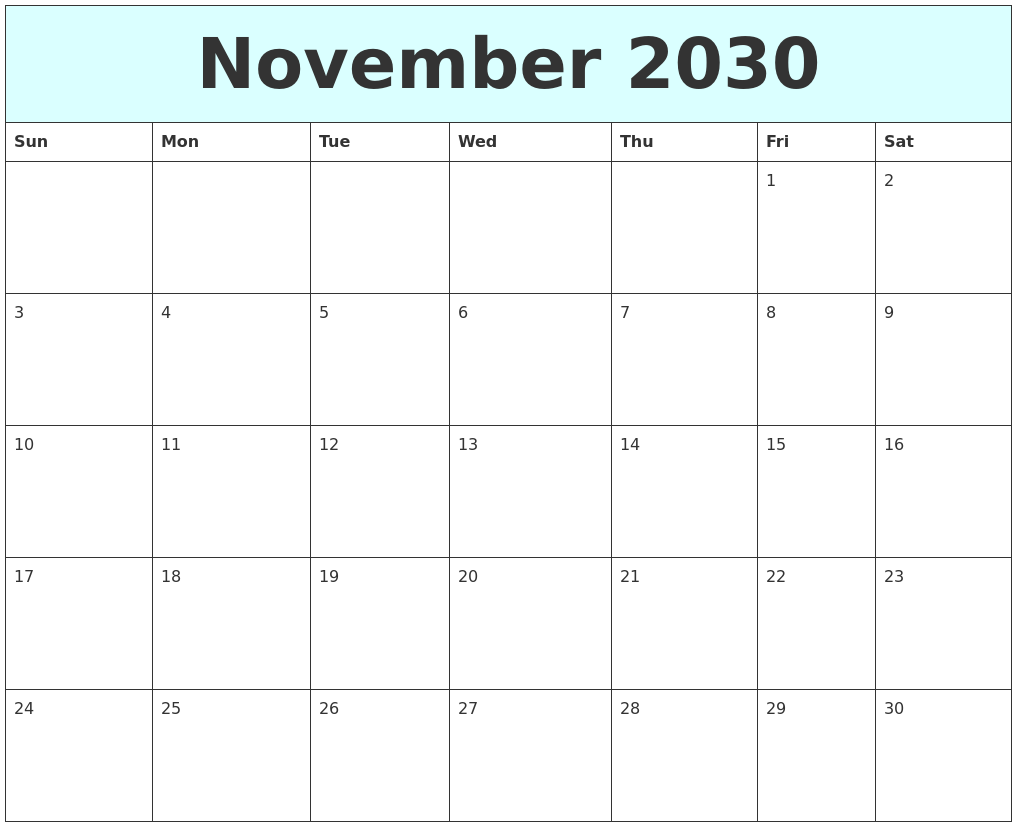 November 2030 Free Calendar
