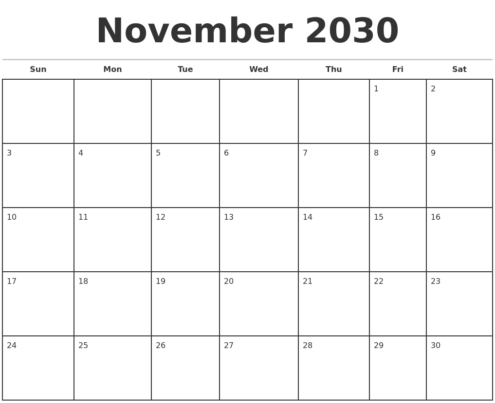 November 2030 Monthly Calendar Template