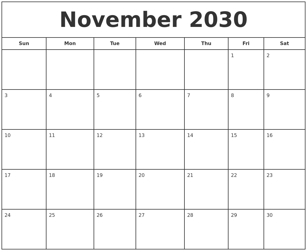 November 2030 Print Free Calendar