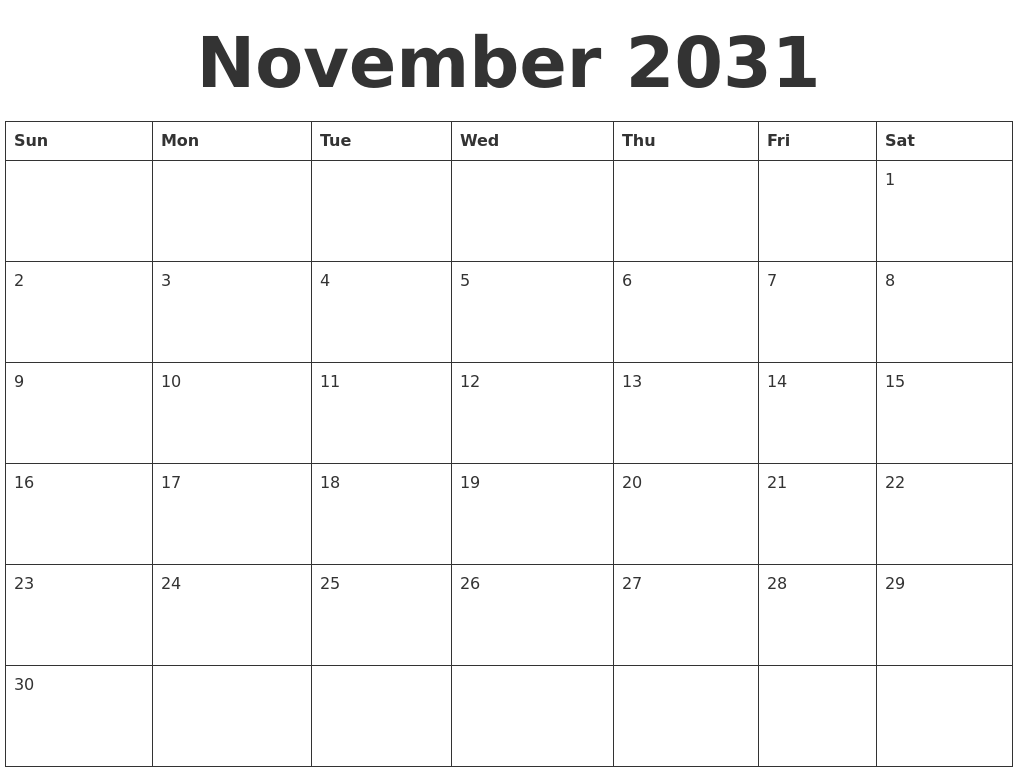 November 2031 Blank Calendar Template