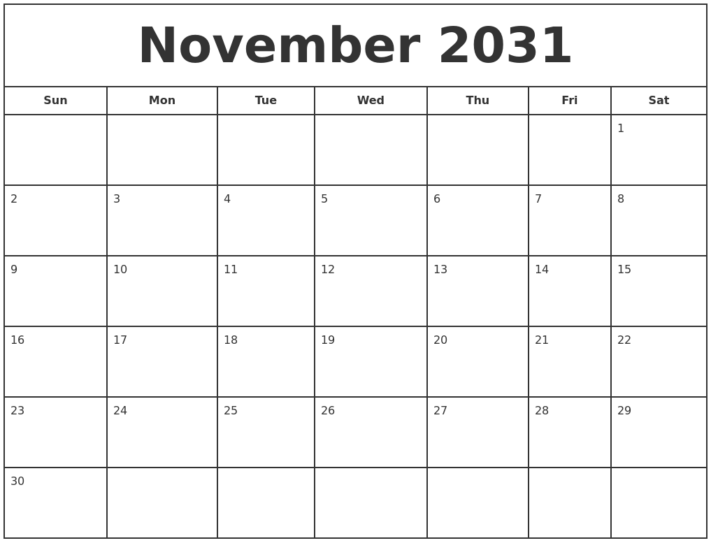 November 2031 Print Free Calendar