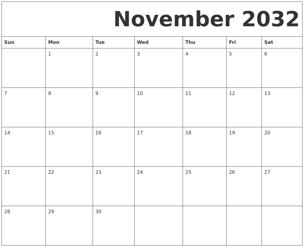 November 2032 Free Printable Calendar