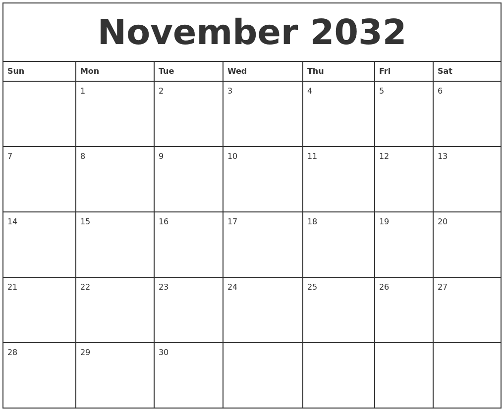 November 2032 Printable Monthly Calendar