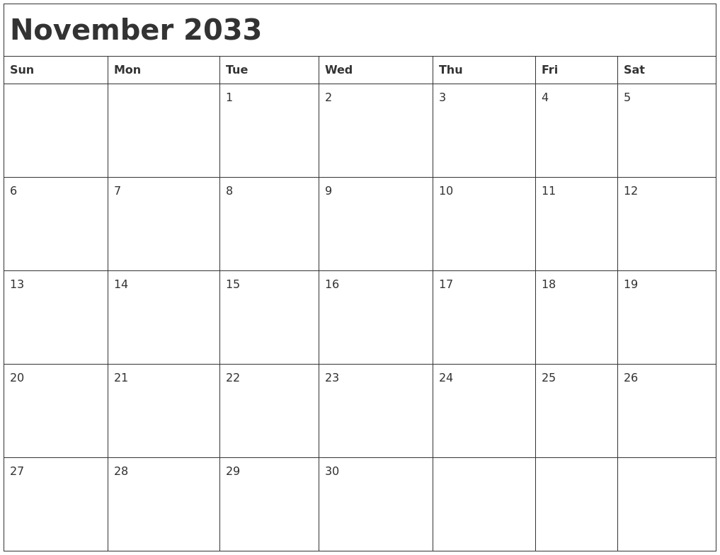 November 2033 Month Calendar