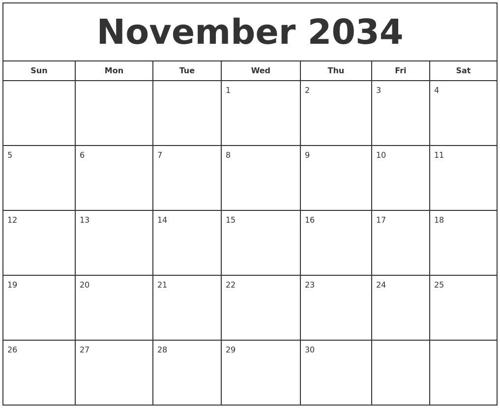 November 2034 Print Free Calendar