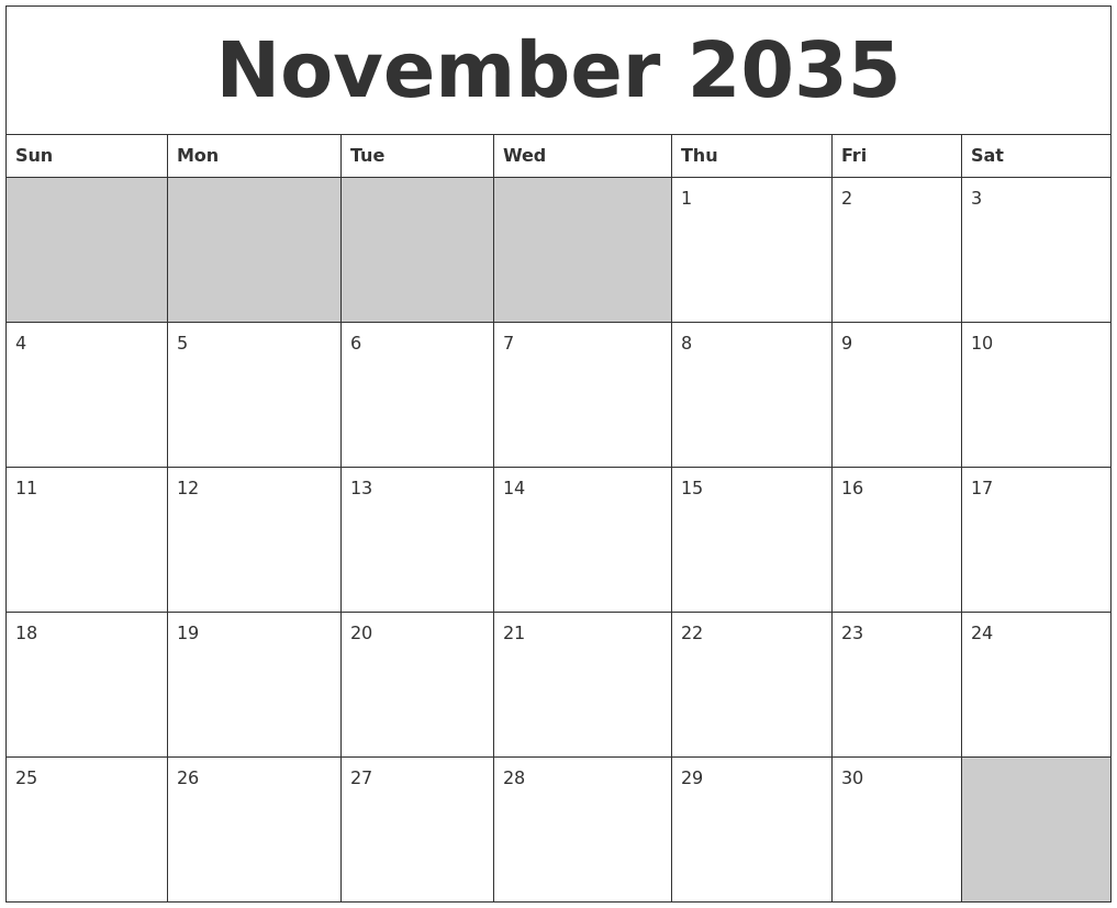 November 2035 Blank Printable Calendar