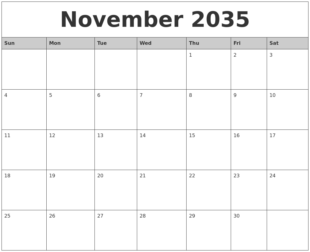 November 2035 Monthly Calendar Printable