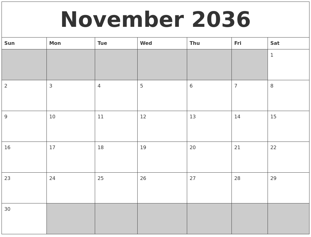 November 2036 Blank Printable Calendar