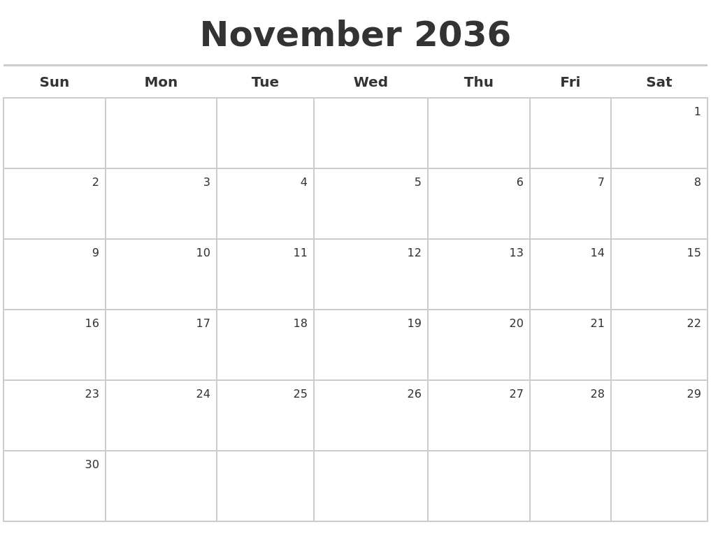 November 2036 Calendar Maker