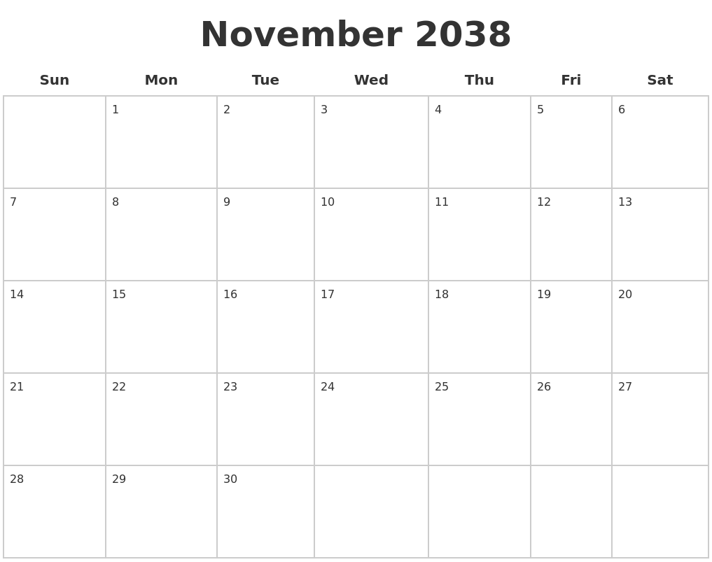 November 2038 Blank Calendar Pages
