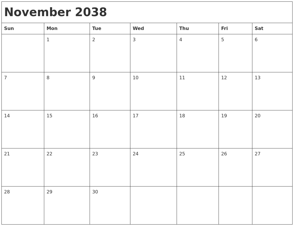 November 2038 Month Calendar