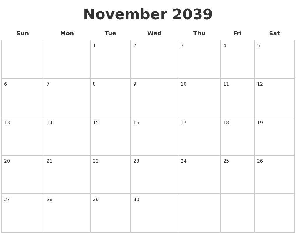 November 2039 Blank Calendar Pages