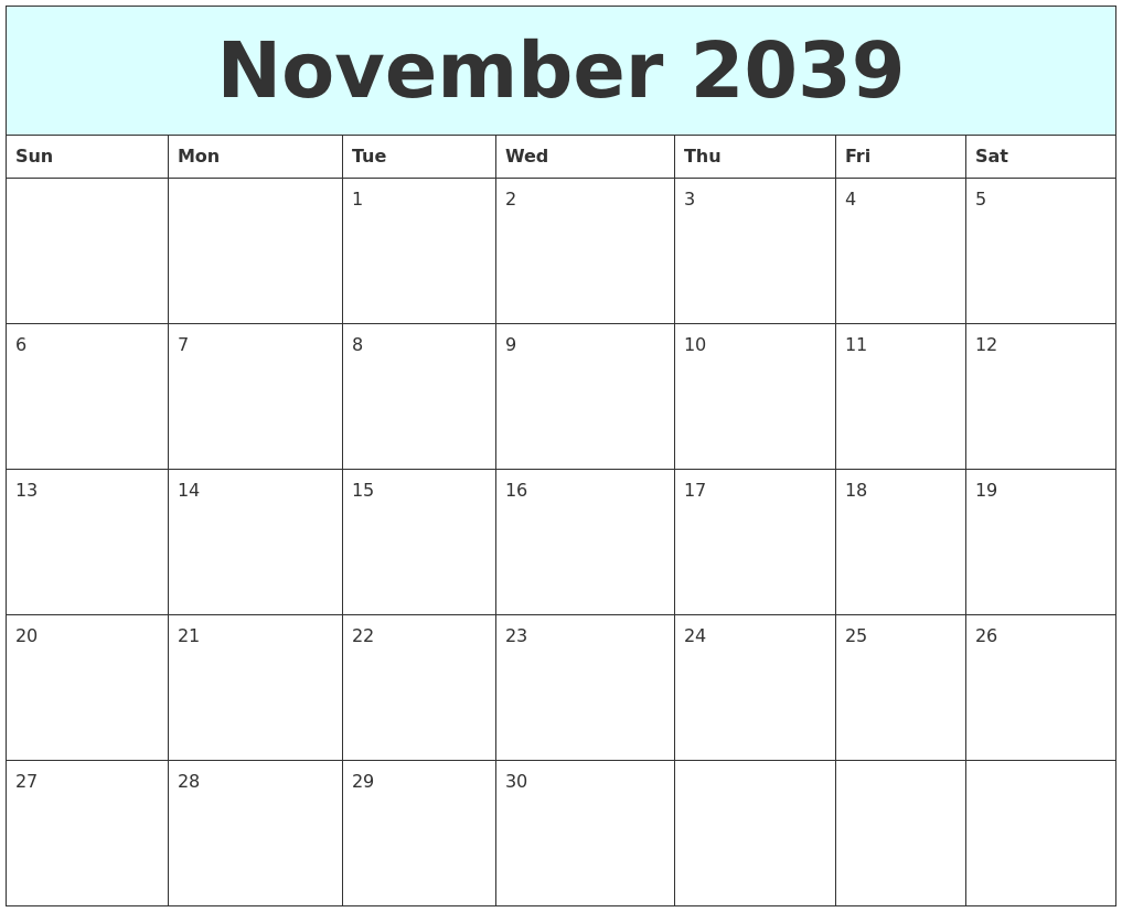 November 2039 Free Calendar