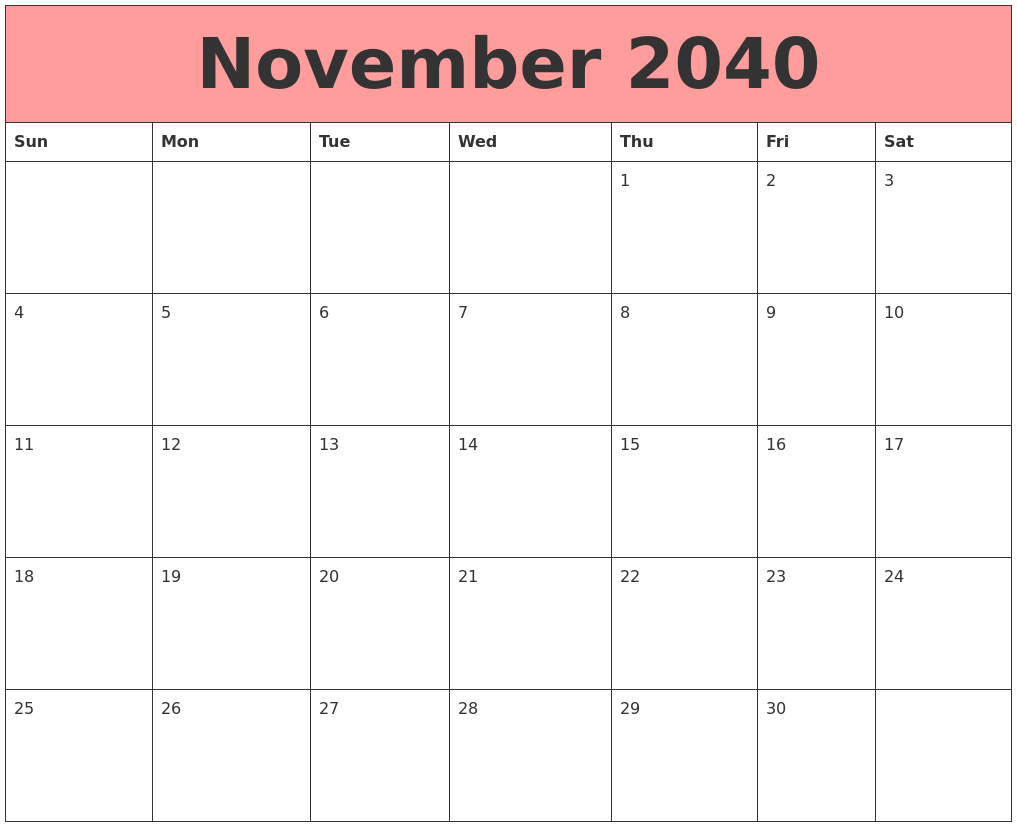 November 2040 Calendars That Work