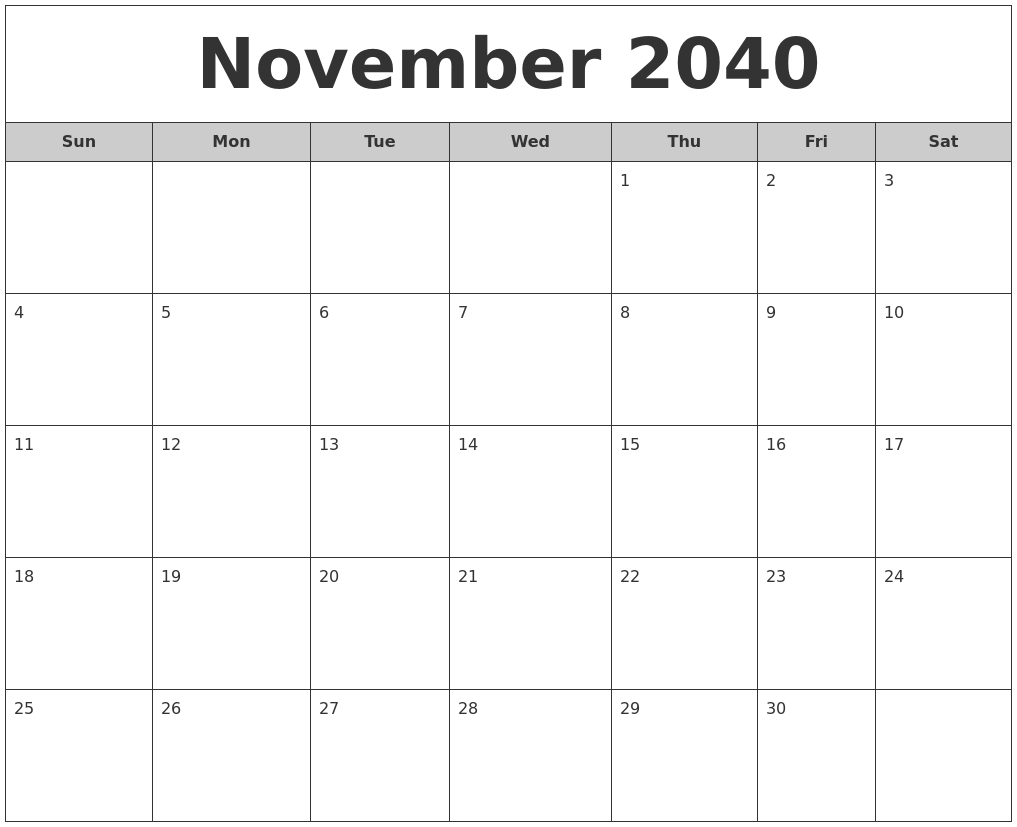 November 2040 Free Monthly Calendar