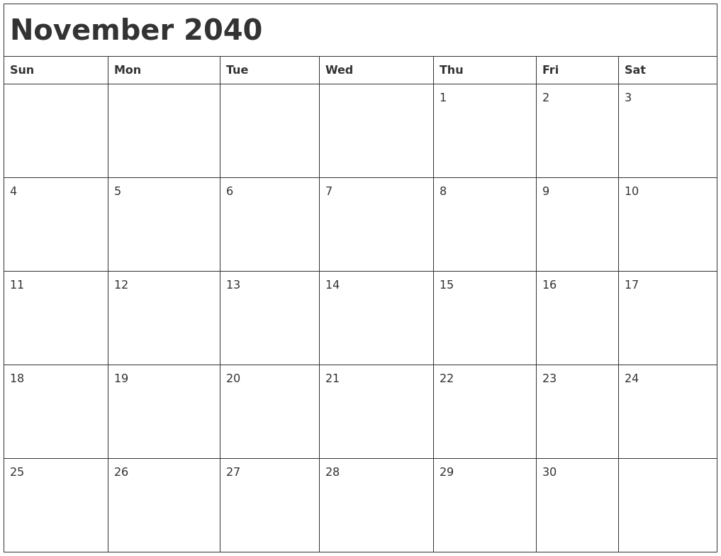 November 2040 Month Calendar