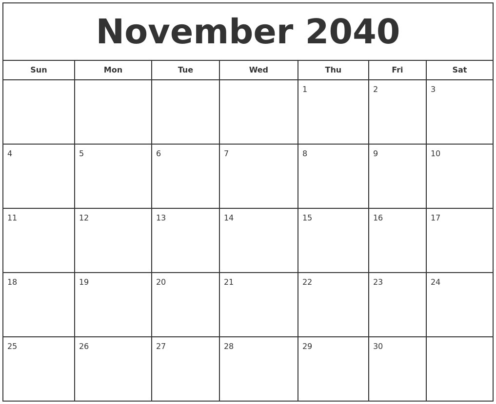 November 2040 Print Free Calendar