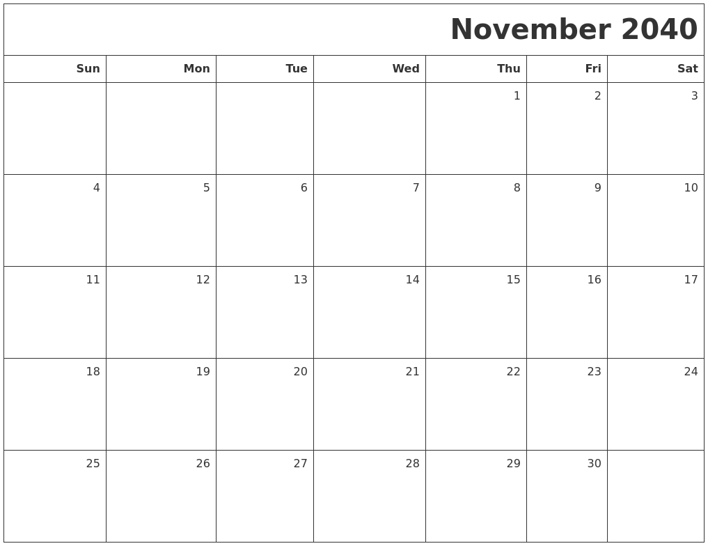 November 2040 Printable Blank Calendar