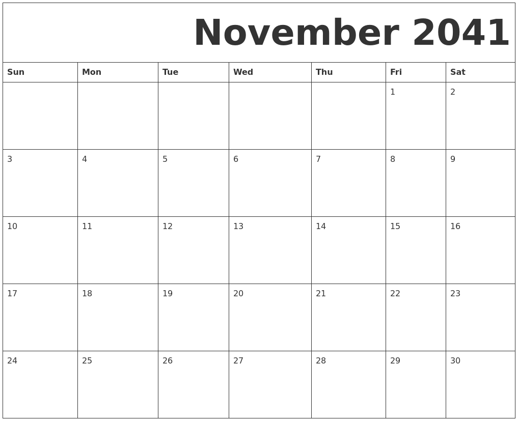 November 2041 Free Printable Calendar