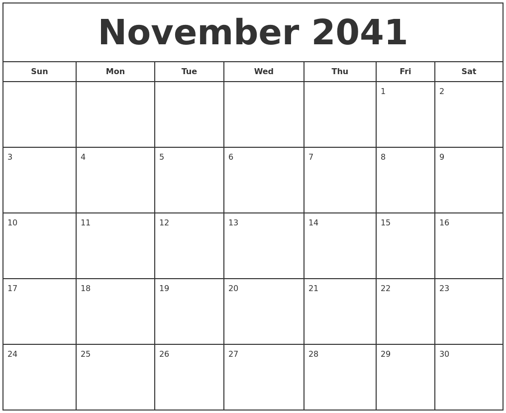 November 2041 Print Free Calendar
