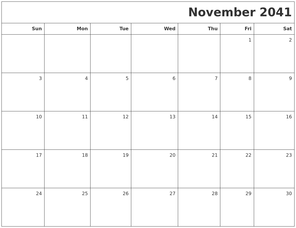 November 2041 Printable Blank Calendar
