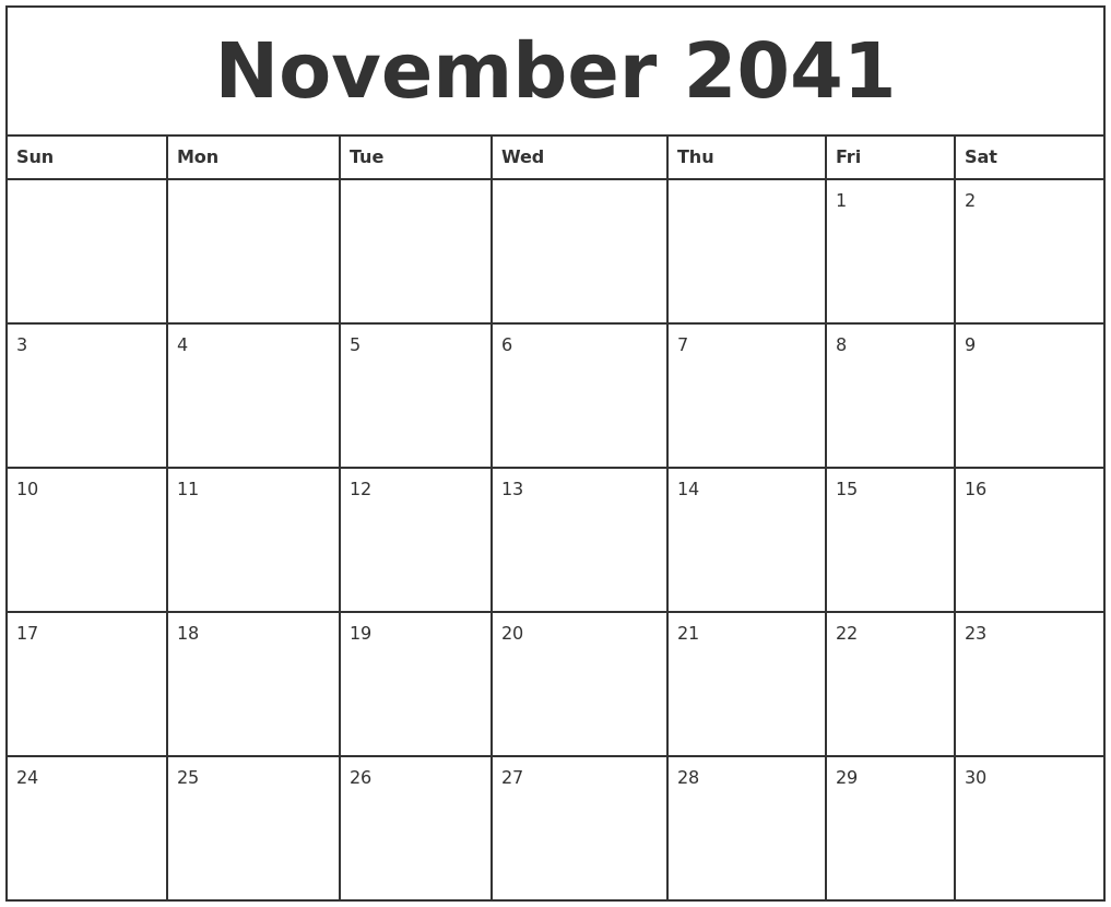 November 2041 Printable Monthly Calendar