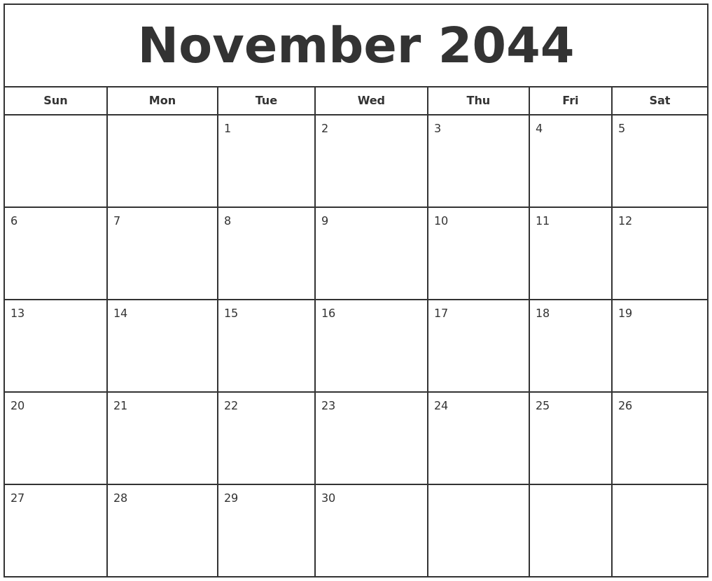 November 2044 Print Free Calendar