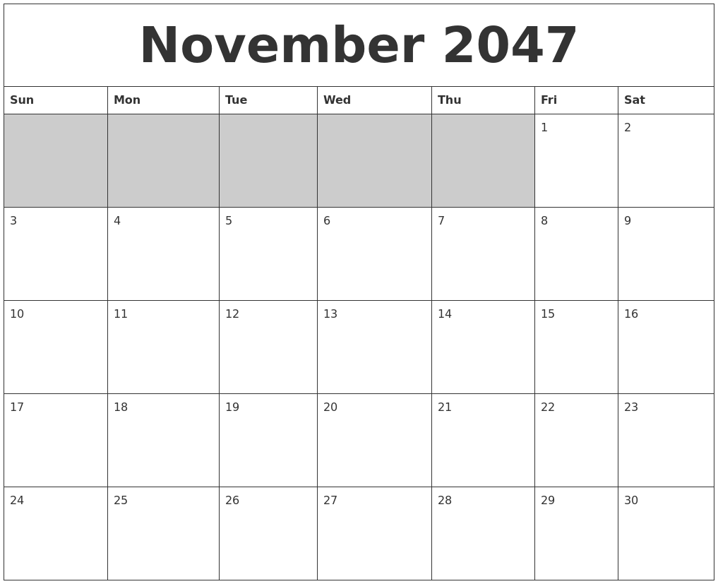 November 2047 Blank Printable Calendar