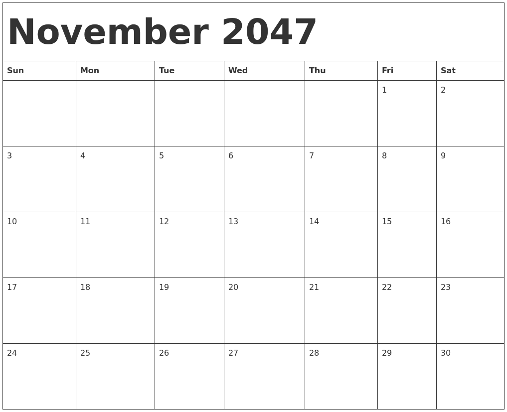 November 2047 Calendar Template