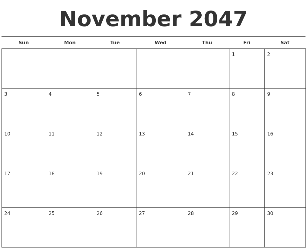 November 2047 Free Calendar Template