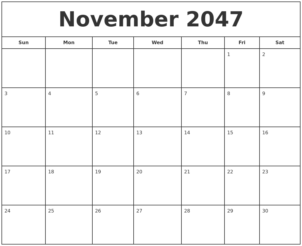 November 2047 Print Free Calendar
