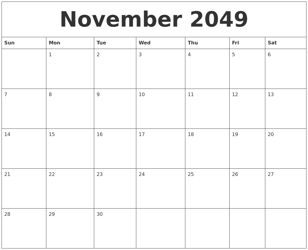 November 2049 Month Calendar Template