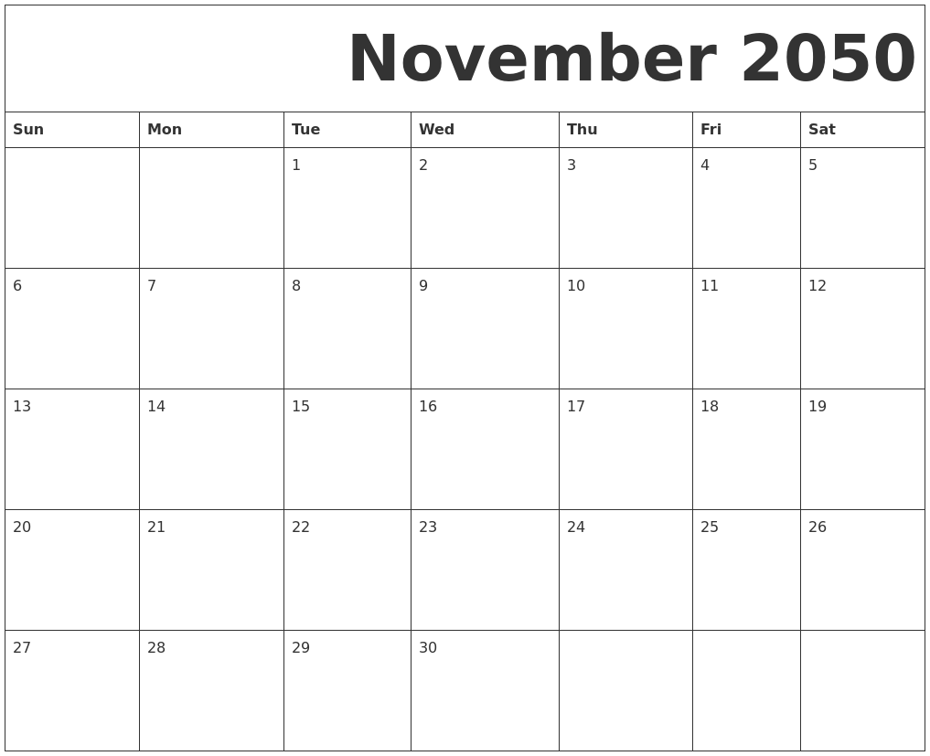 November 2050 Free Printable Calendar