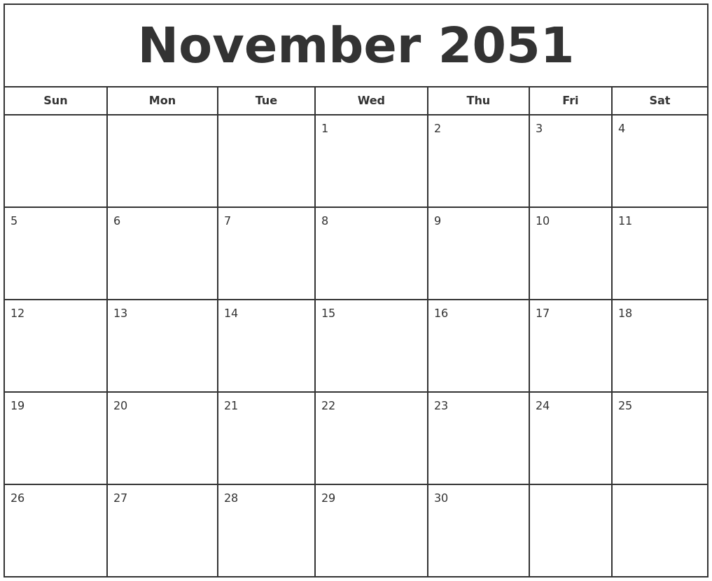 November 2051 Print Free Calendar