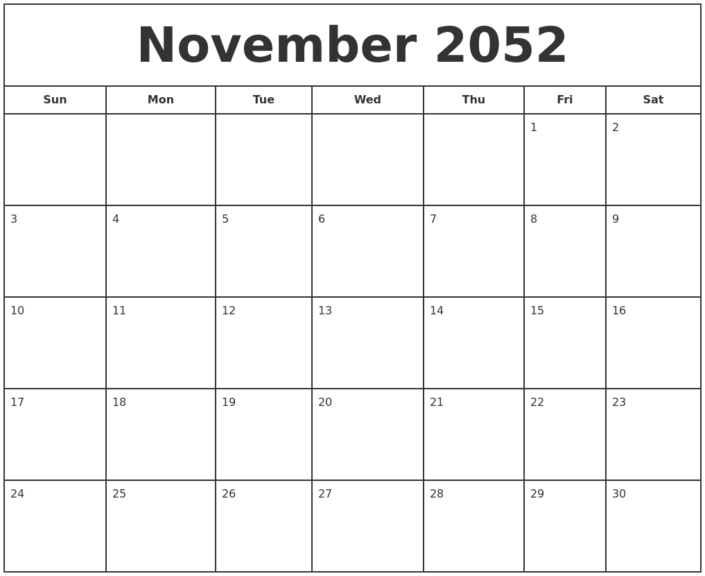 November 2052 Print Free Calendar