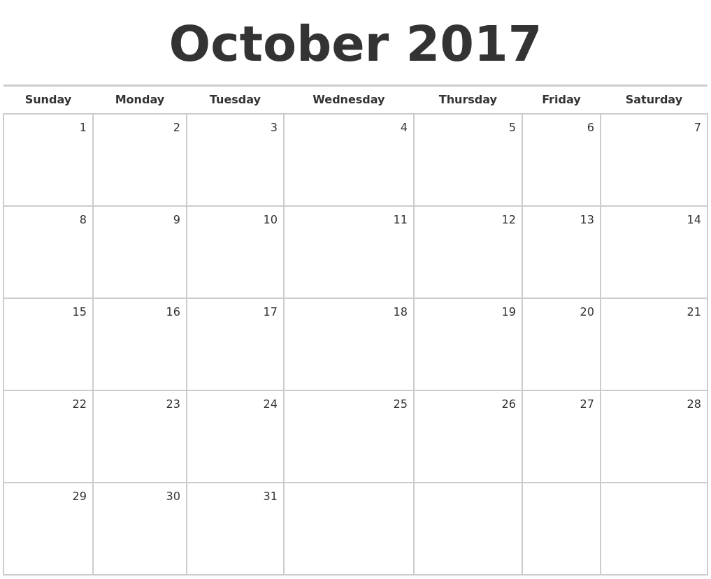 October 2017 Blank Monthly Calendar