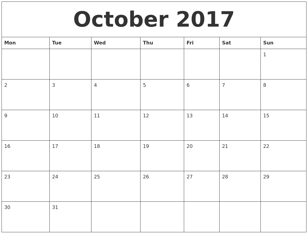 october 2017 free calender monday start