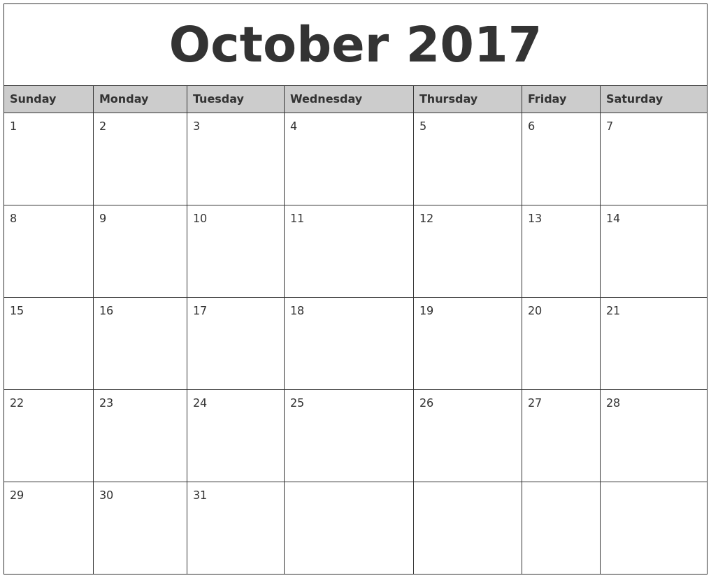 Printable Calendar Monthly 2017 | october 2017 monthly calendar printable Printable Calendar Monthly 2017 | october 2017 monthly calendar printable