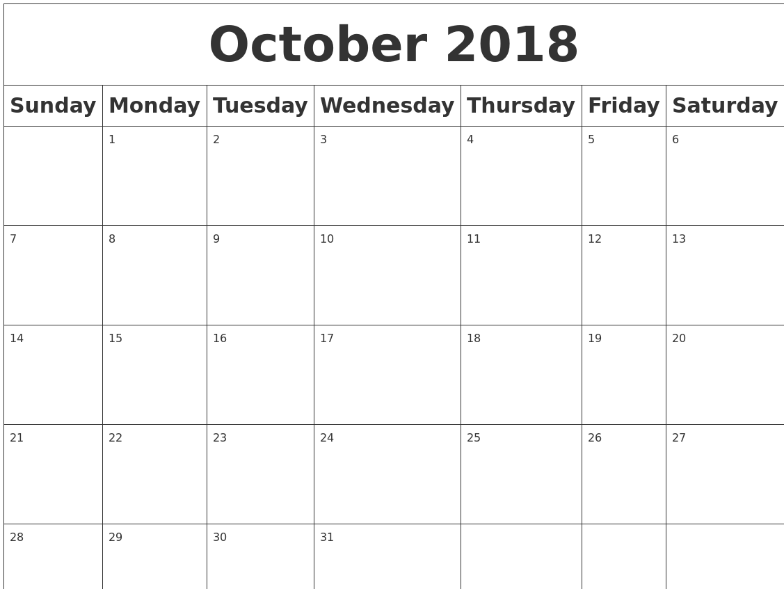 blank calendar october 2018