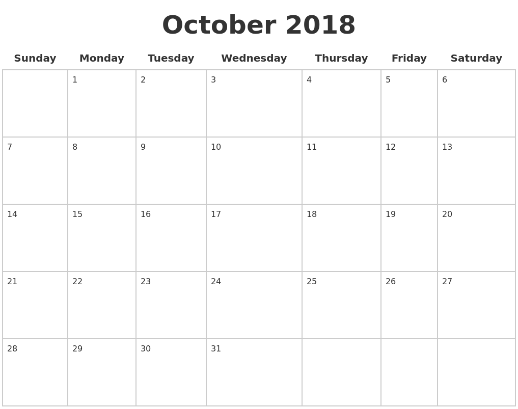 Blank Calendar Of October 2018