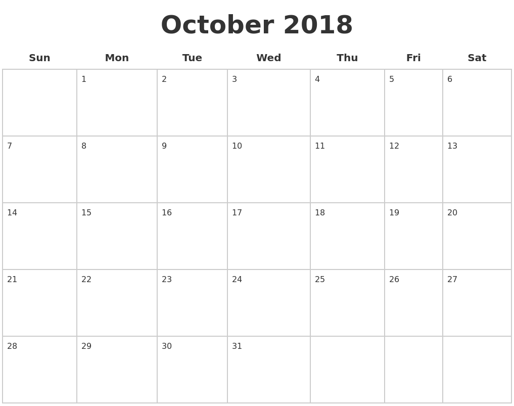 Blank Calendar For October 2018