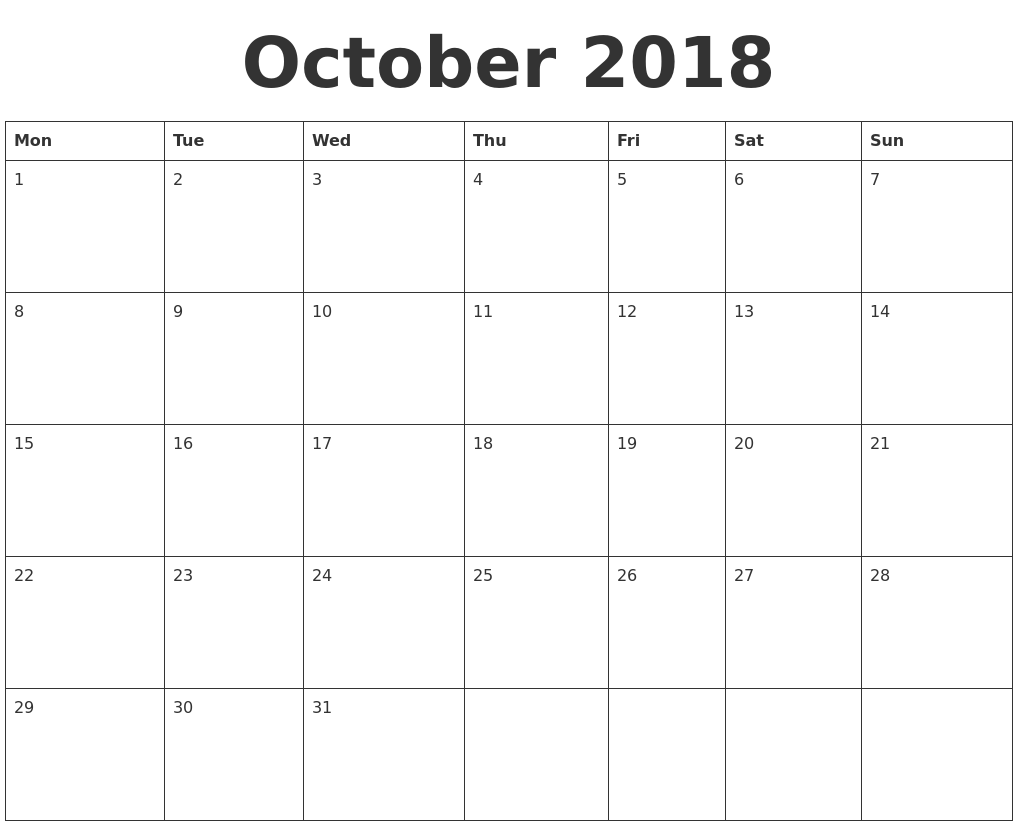 October Calendar Template october 2018 blank calendar template