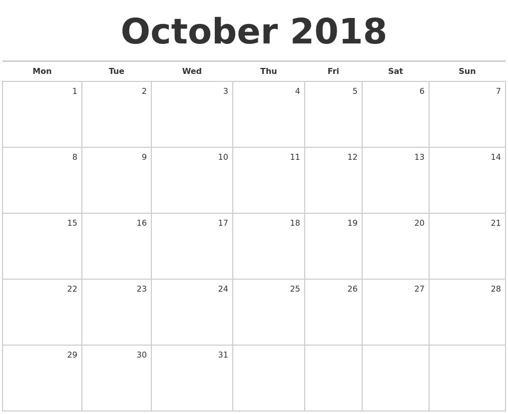 october 2018 blank monthly calendar monthly calendar starting with monday