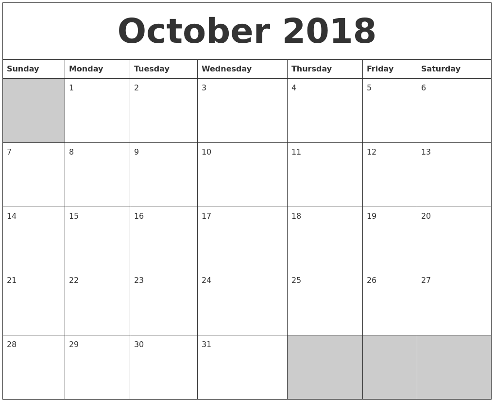 october 2018 blank printable calendar full weekday