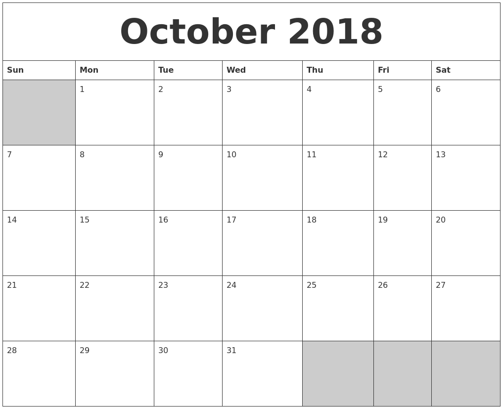 blank calendar october 2018