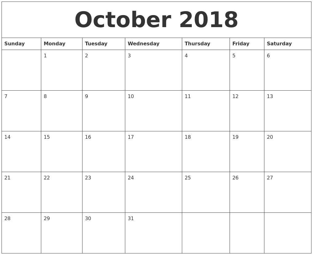 2018 October Month Calendar
