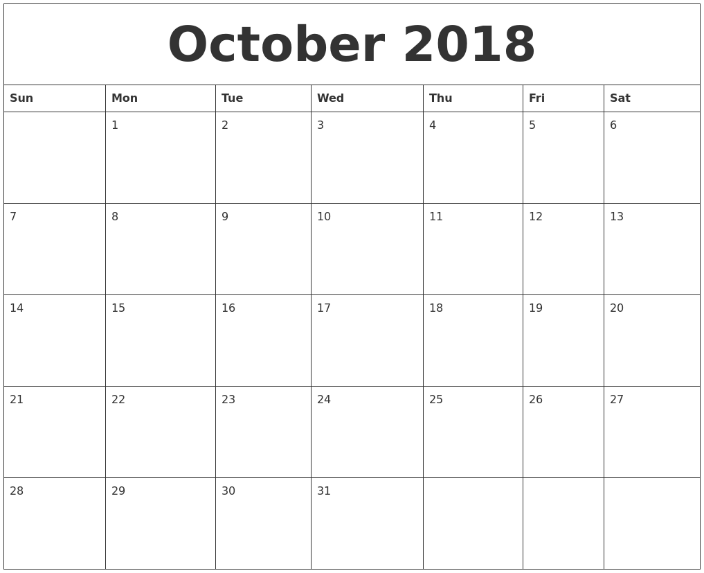 October Month Calendar 2018